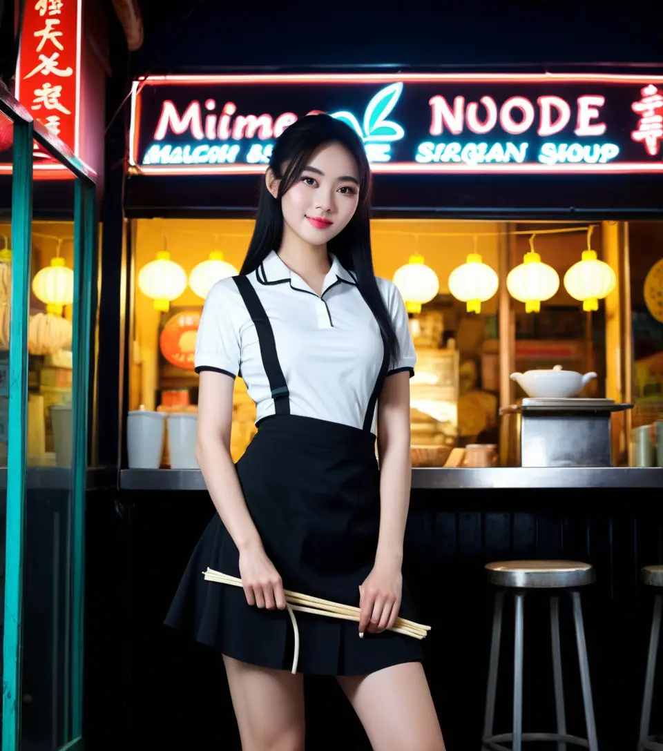 Vietnamese woman in maid outfit before neon noodle shop