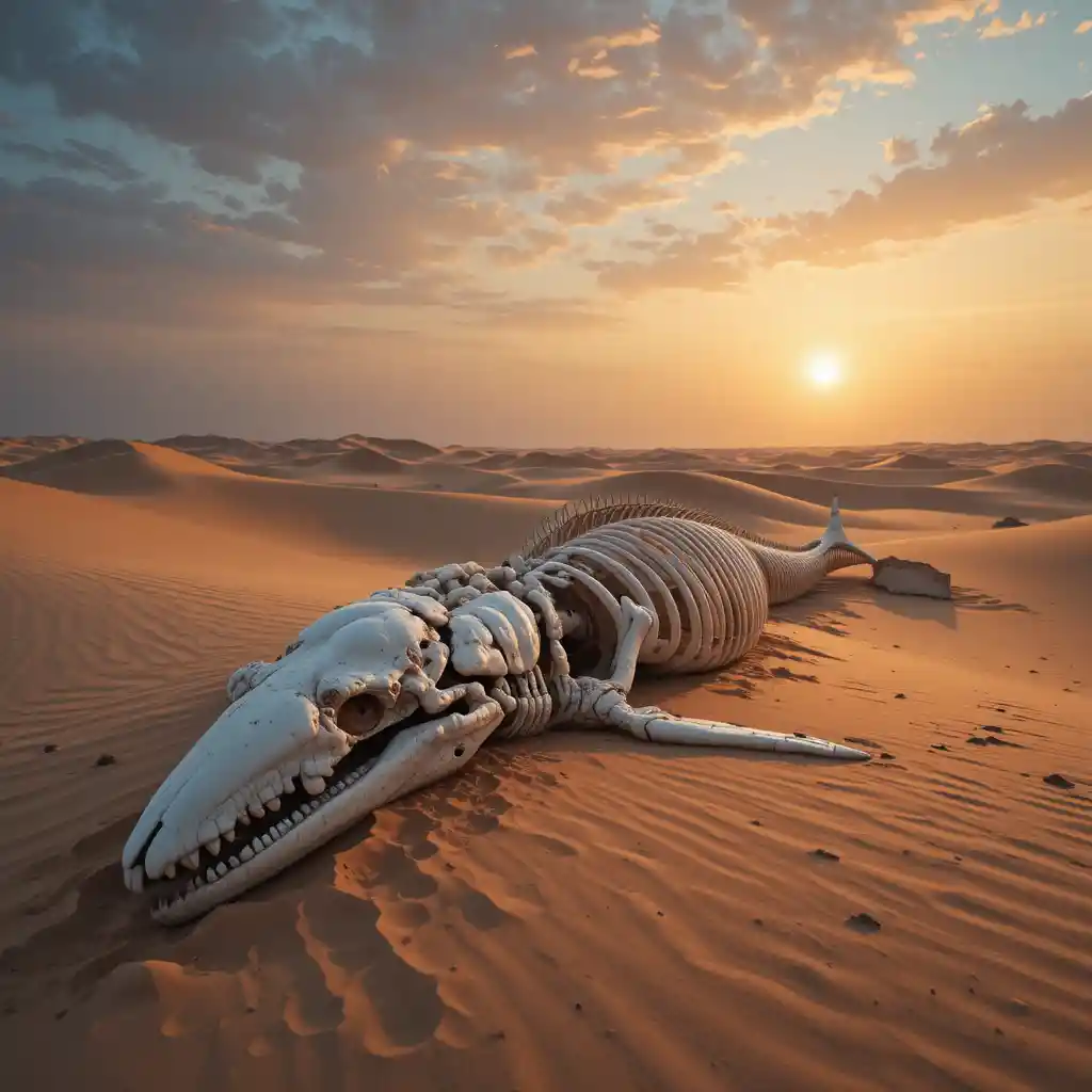 Surreal whale skeleton emerging from golden desert dunes