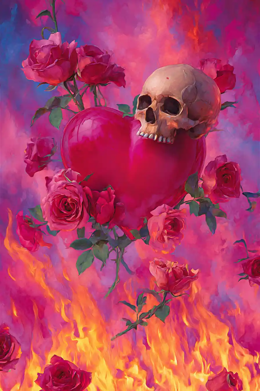 Scary Valentine Heart With Roses And Fire Artwork