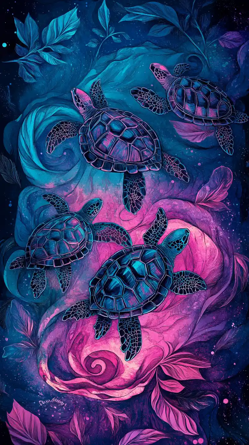Dreamlike Sea Turtles Rising From Swirling Pastel Vortex