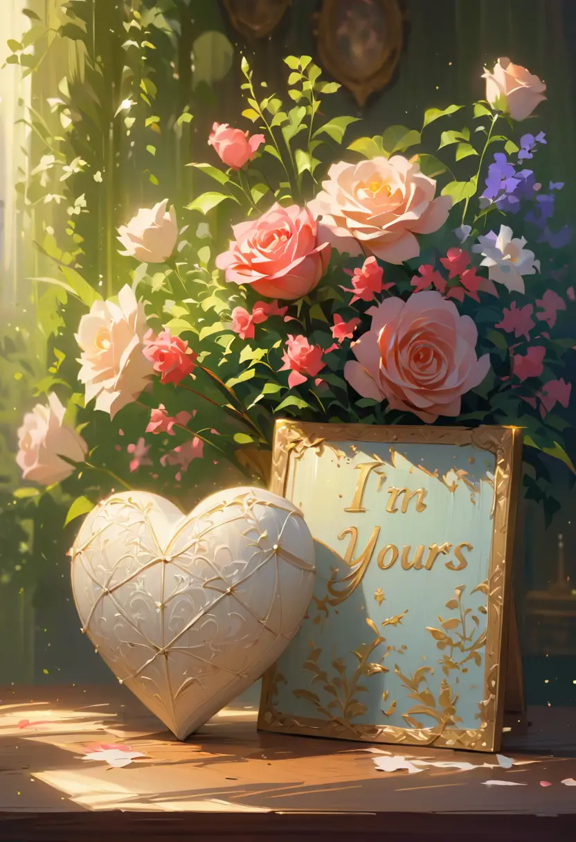 Romantic oil painting of a tiny paper heart and roses