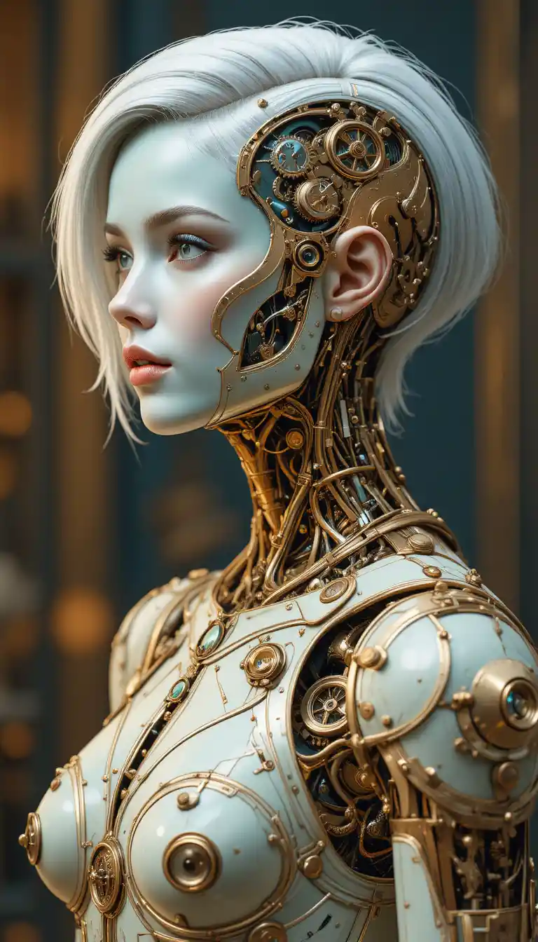 Elegant female android portrait with ornate steampunk machinery