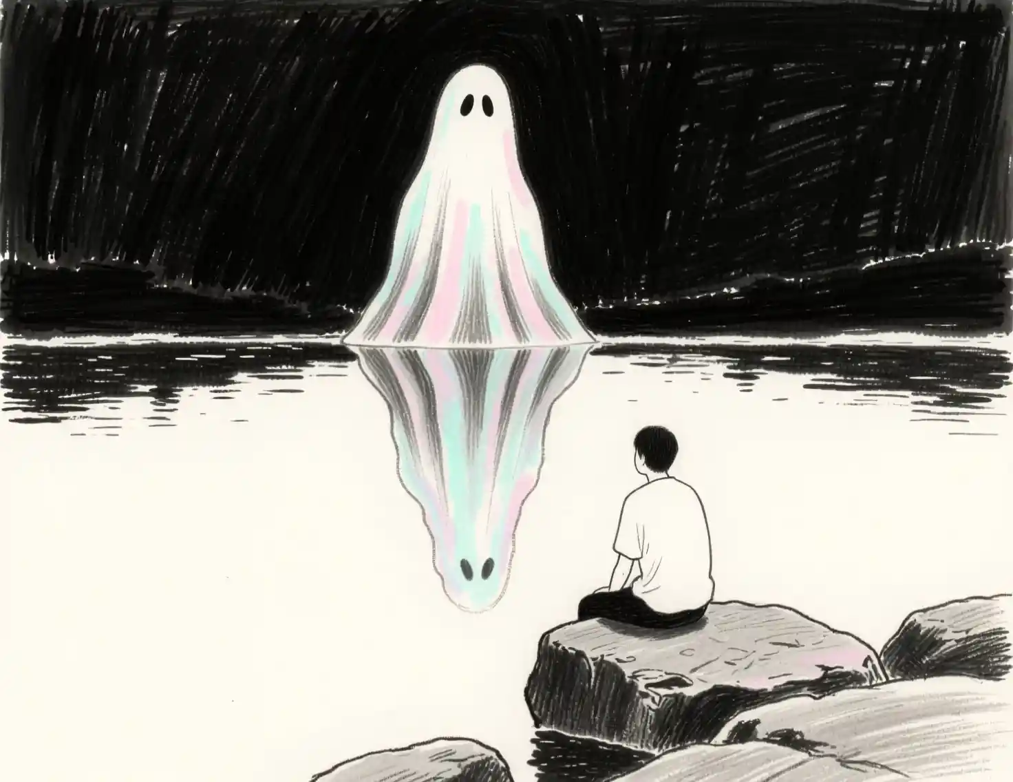 Lone figure by a calm lake in minimalist ink wash