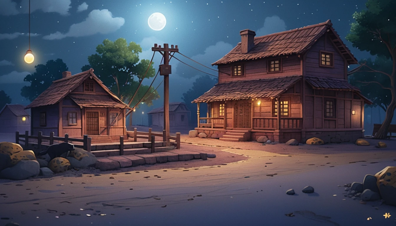Quiet rural village houses under a bright full moon