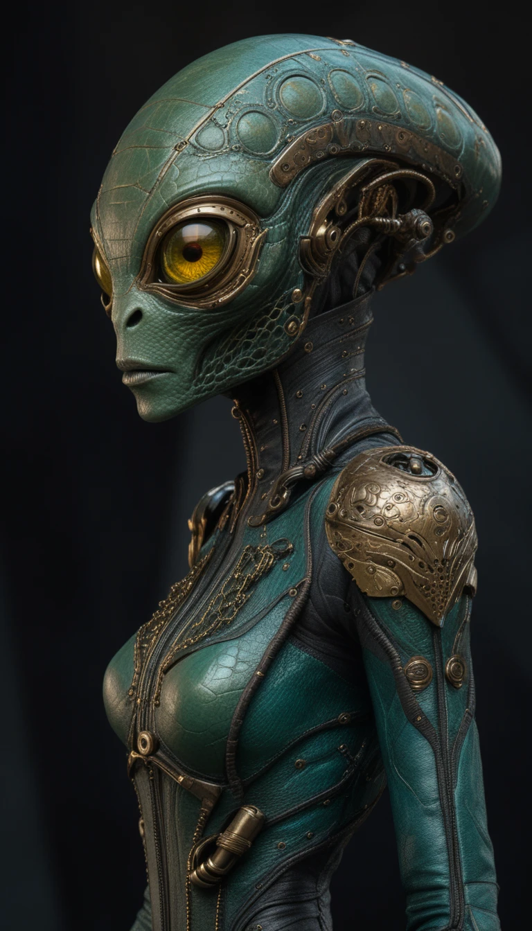 Alien reptilian female cyborg in ornate steampunk armor