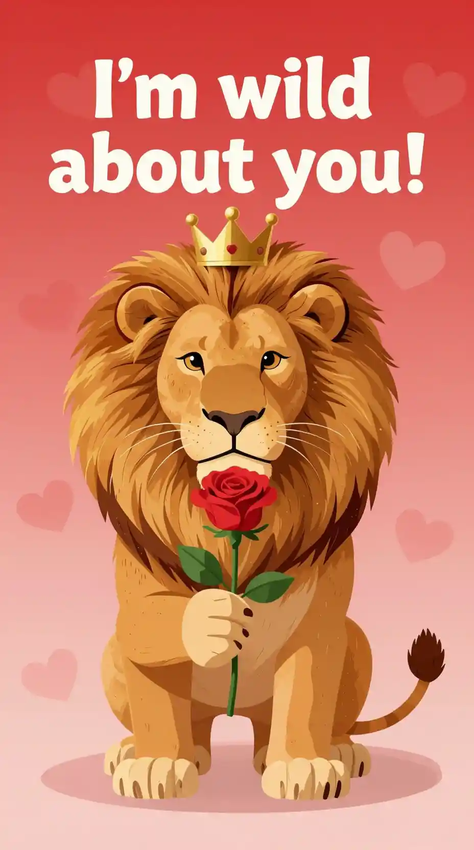 Charming lion with crown offering a rose on red hearts