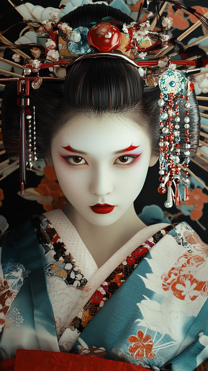 Stylized digital portrait of a traditional Japanese geisha
