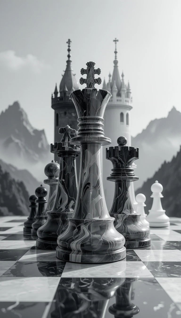 Double exposure chess pieces on surreal mountain castles