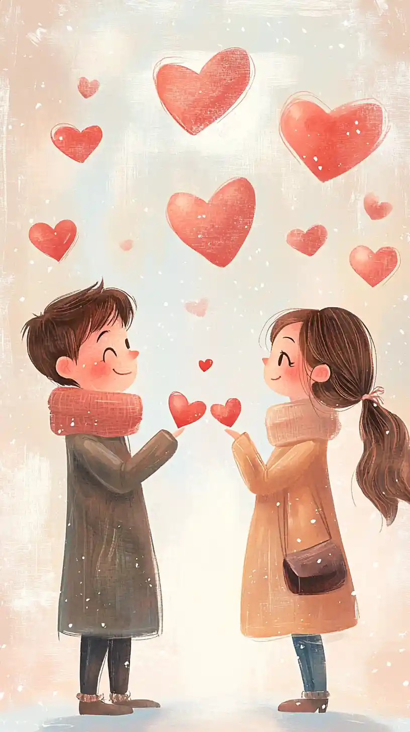 Cute pastel couple sharing hearts in a cozy scene