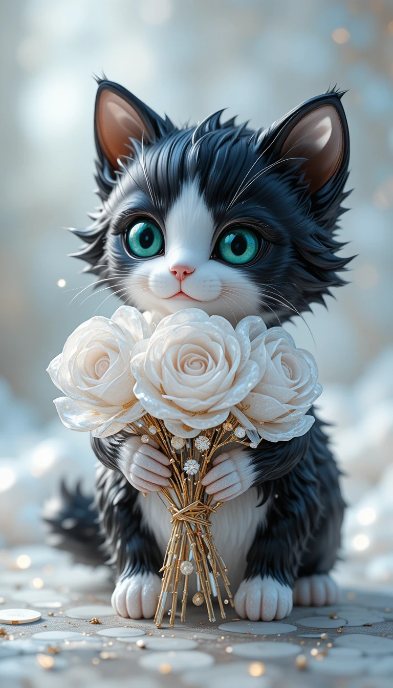 Crystal kitten figurine holding glass roses with emerald eyes