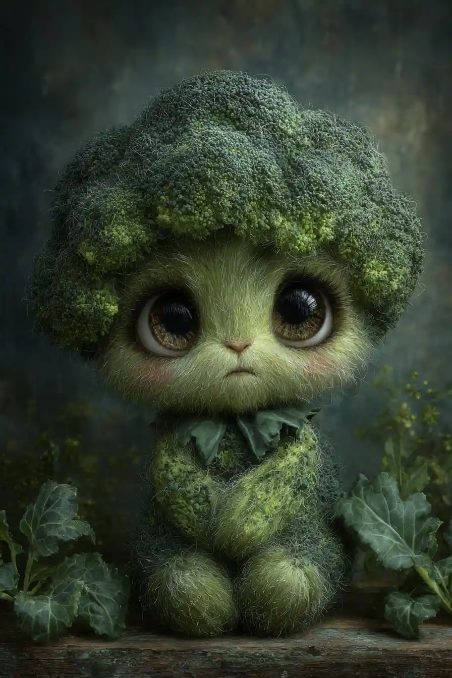 Fluffy Anthropomorphic Broccoli Portrait With Dramatic Lighting
