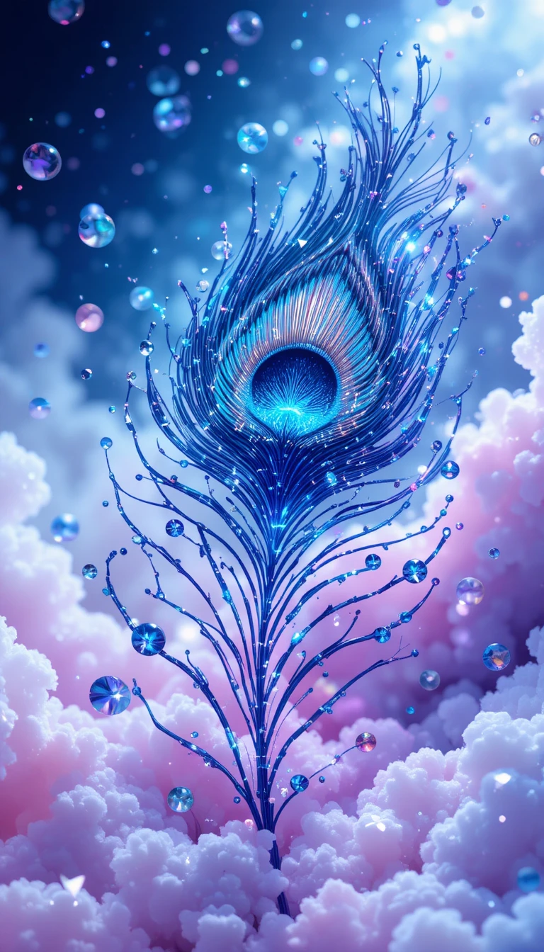 Neon beads swirling over abstract pastel peacock feather