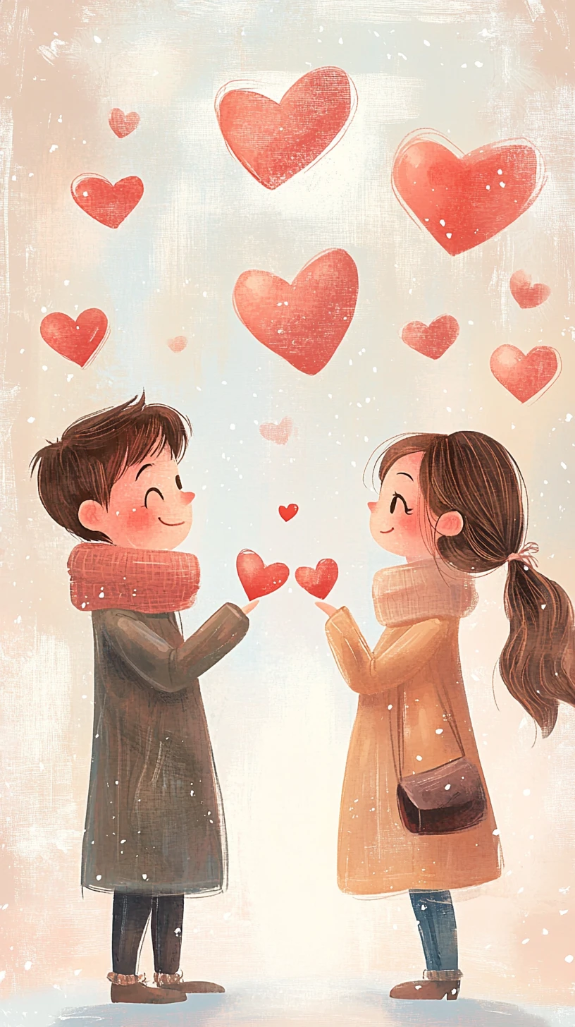 Cute pastel couple sharing hearts in a cozy scene