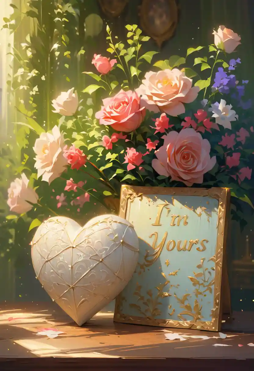 Romantic oil painting of a tiny paper heart and roses