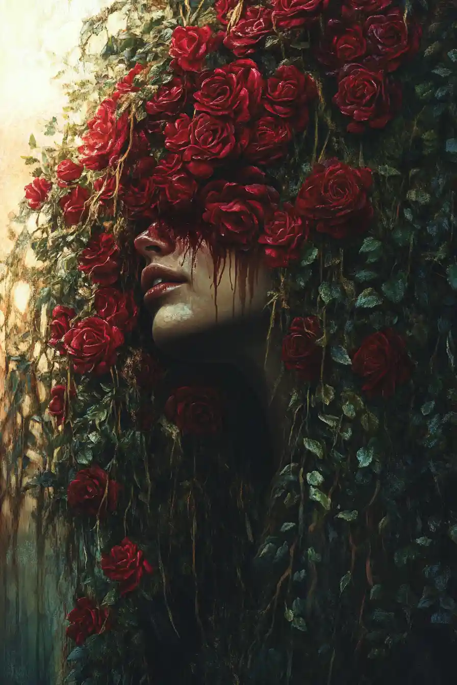 Surreal monster emerging beside cascading red rose curtain