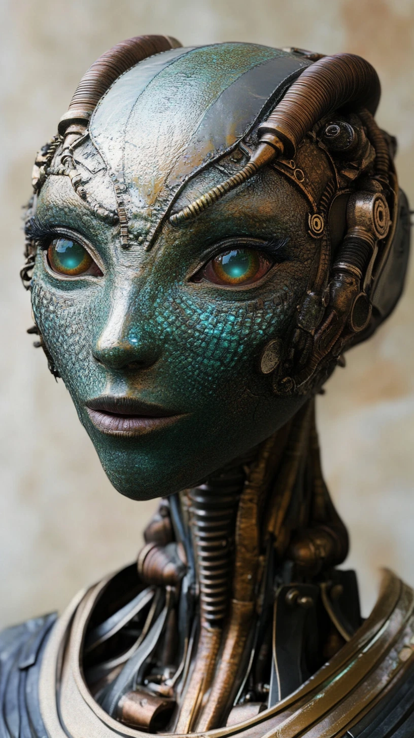 Hyperrealistic steampunk reptilian cyborg woman three quarter portrait