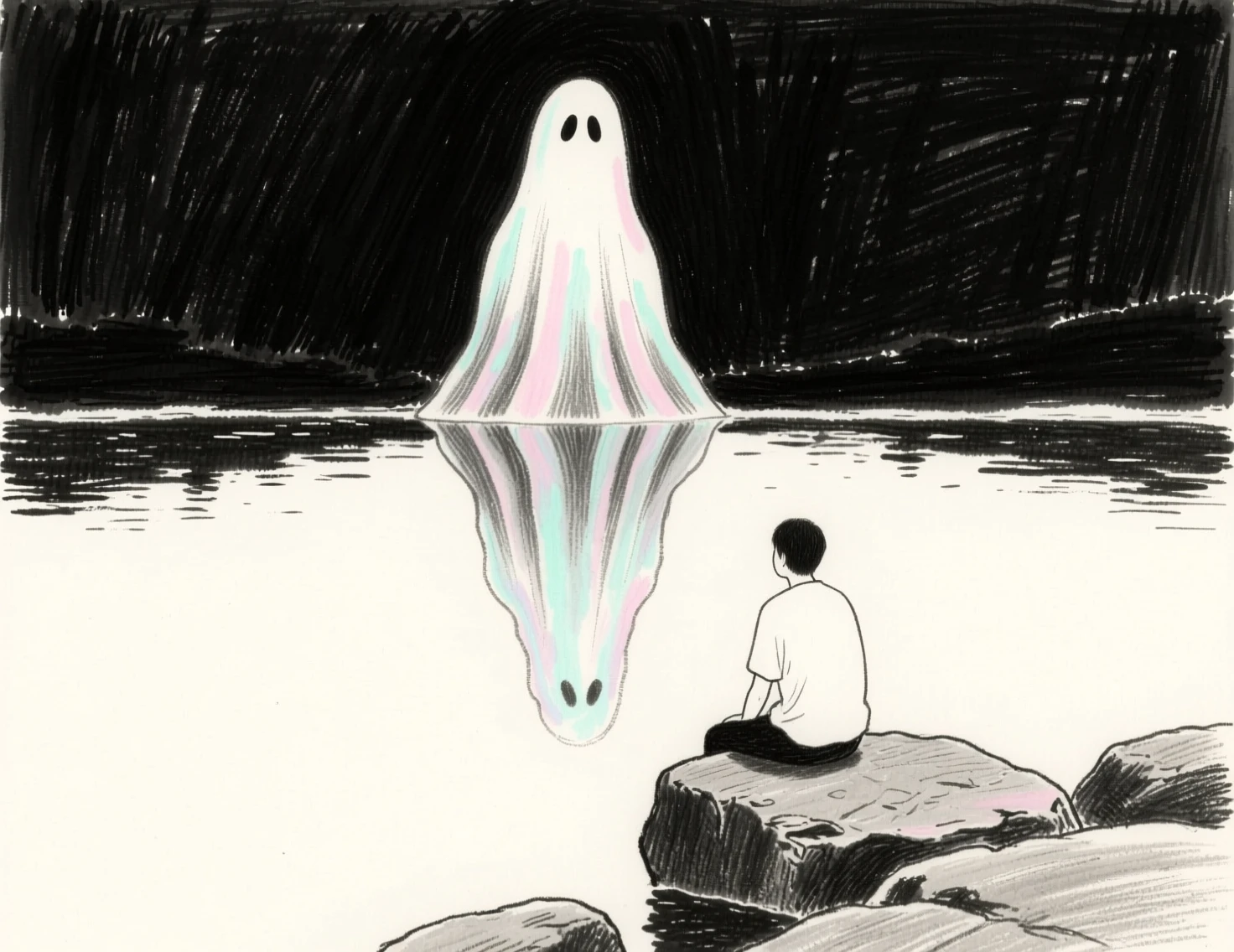 Lone figure by a calm lake in minimalist ink wash