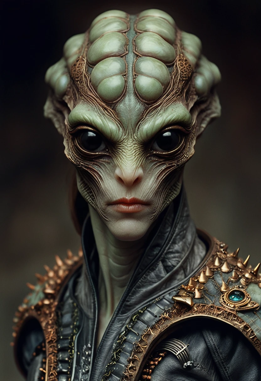 Alien reptilian female cyborg in ornate steampunk armor