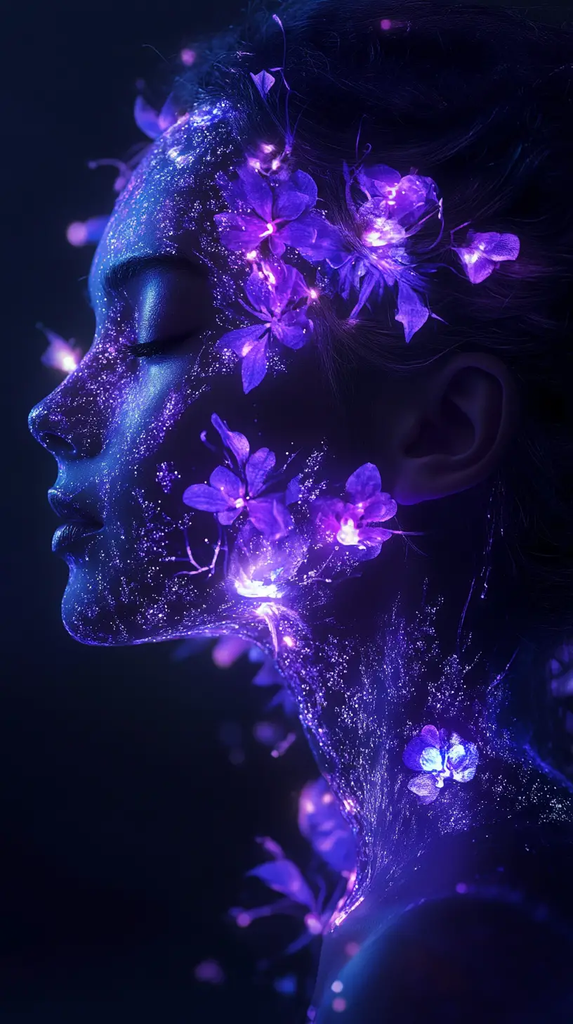 Bioluminescent Woman In Profile With Glowing Purple Flowers