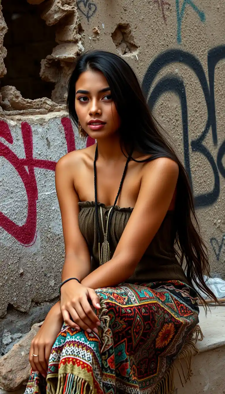 Young Mexican woman in cholo style before graffiti wall