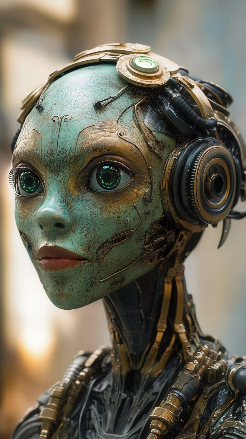 Cyborg reptilian woman in ornate steampunk biomechanical armor