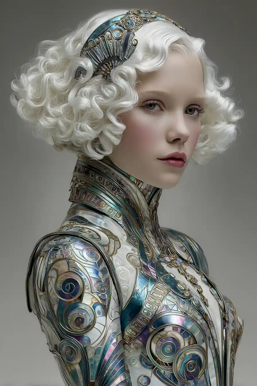 Surreal woman with peacock feathers in art deco elegance