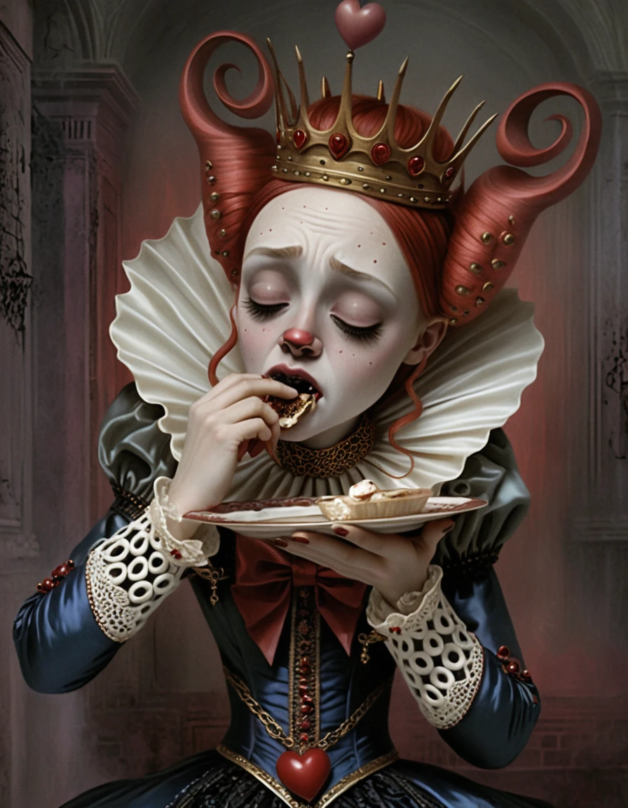 Reina melancólica con tarta de corazón en retrato de fantasía gótica