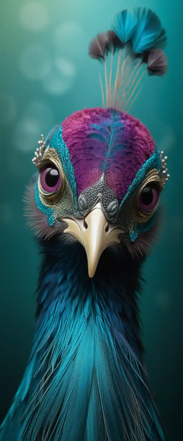 Majestic peacock profile in jeweled 3D iridescent plumage