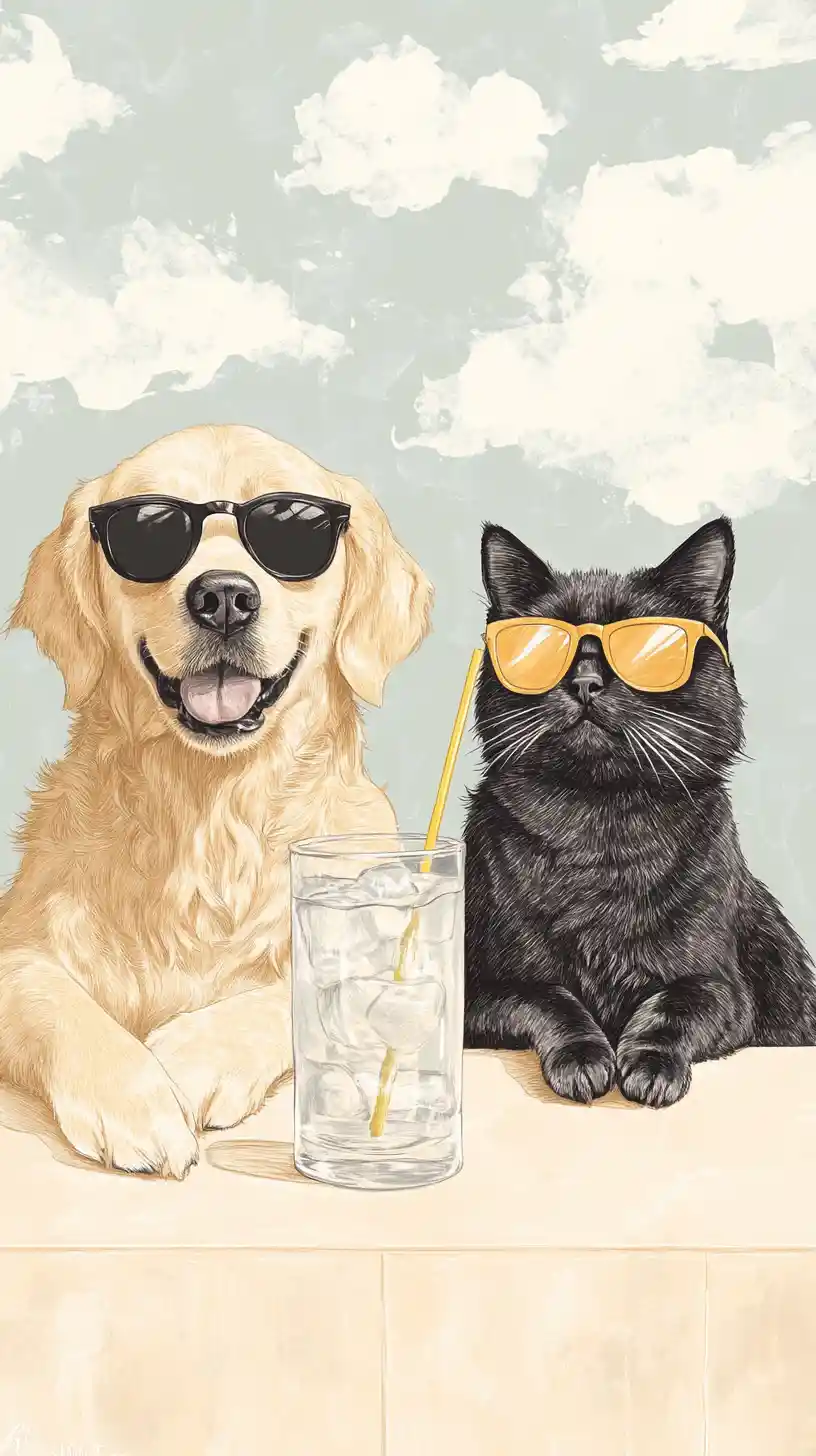 Cachorro e gato de óculos de sol relaxando em uma bancada clara