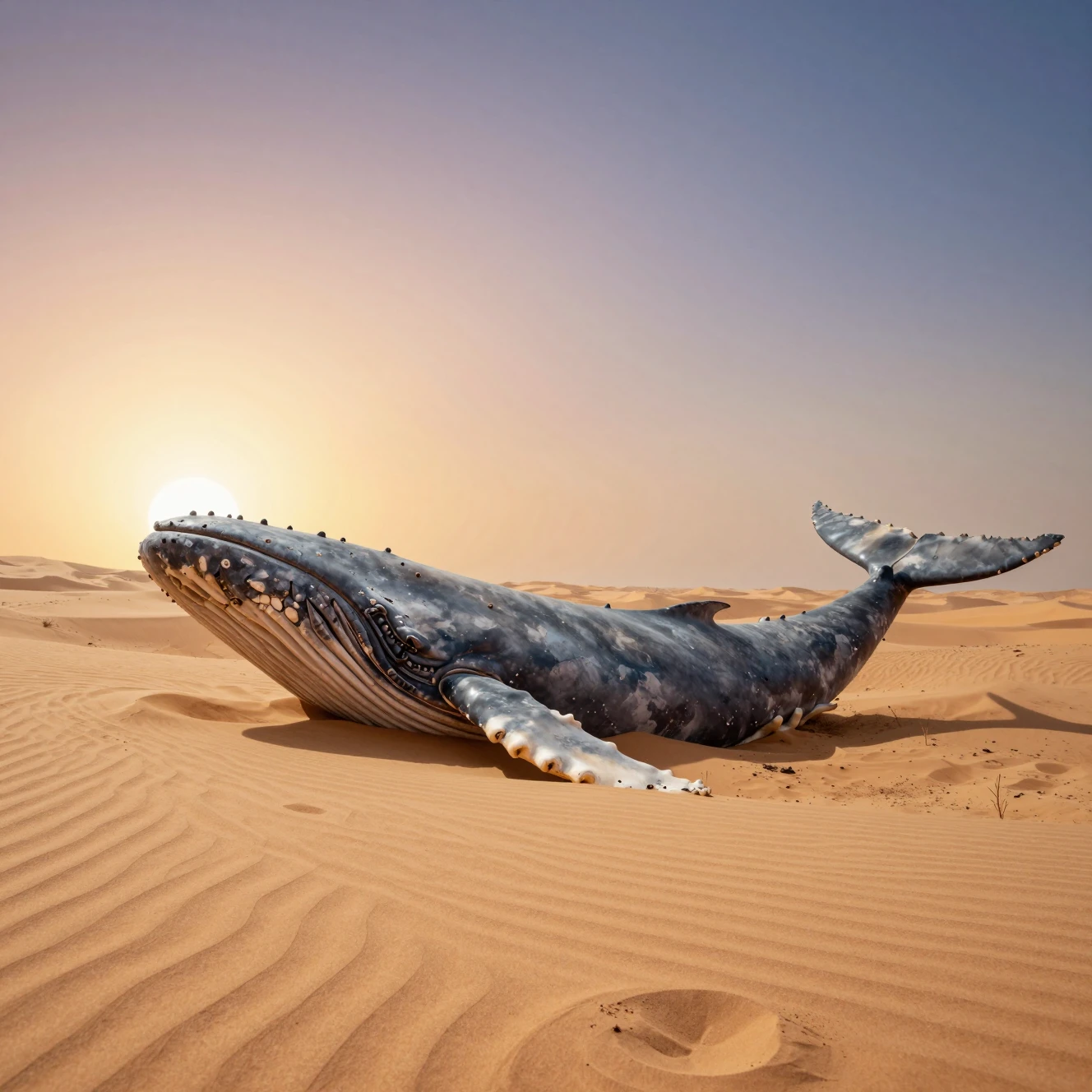 Surreal whale bones emerging from golden desert dunes at sunset