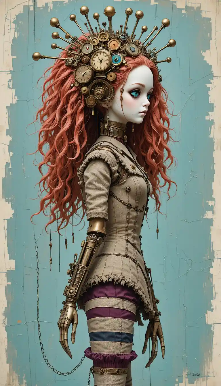 Steampunk gothic ragdoll woman in side profile portrait