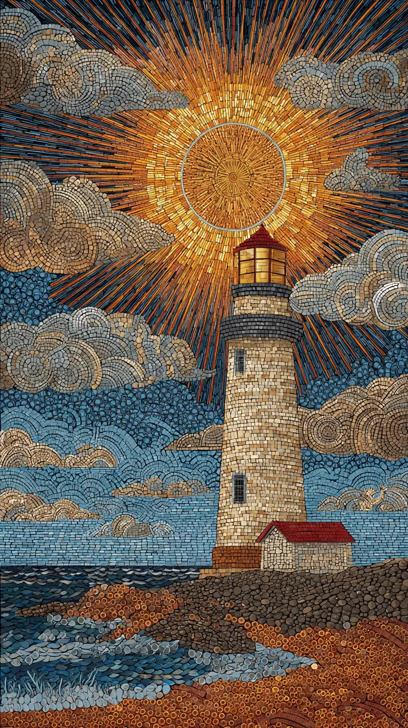 Lighthouse mosaic built from shimmering gold silver and bronze coins