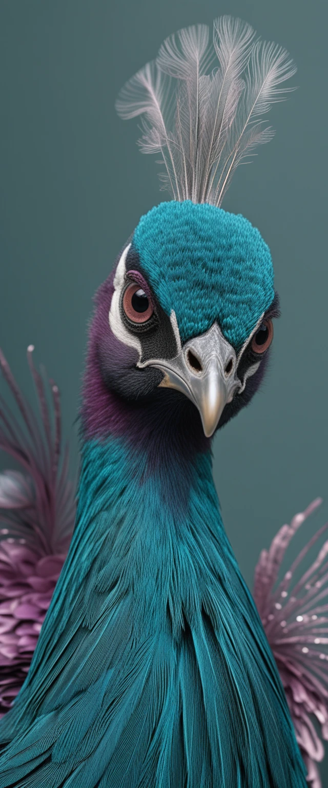 Majestuoso perfil de pavo real con plumaje iridiscente y joyas de color