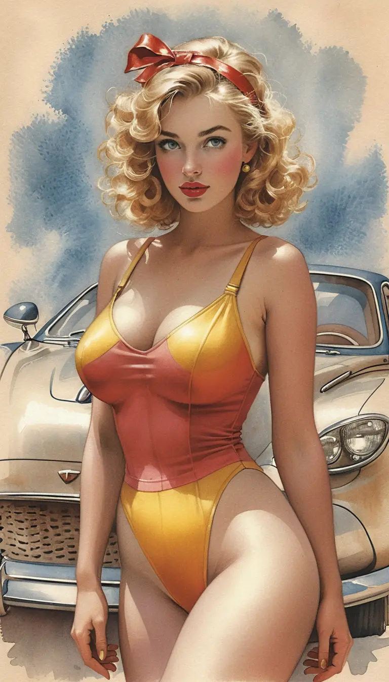 Blonde woman in red overalls on vintage car portrait