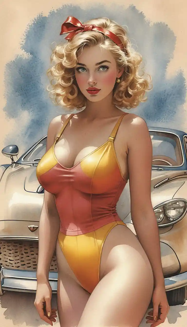 Blonde woman in red overalls on vintage car portrait