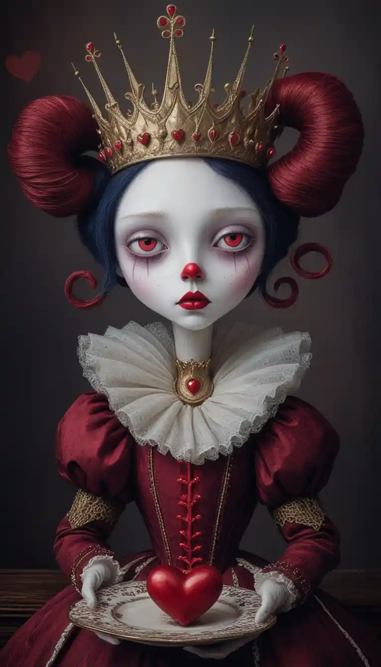 Melancholic Queen Of Hearts With Ornate Crown And Heart Tart