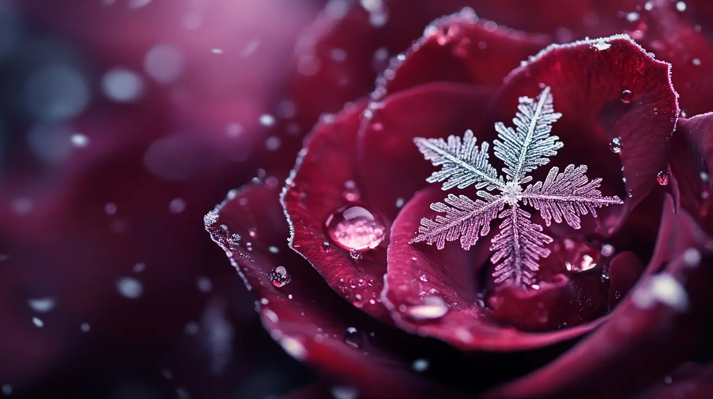 Flocon de neige en macro sur pétale de rose sombre glacé dans une scène fantastique