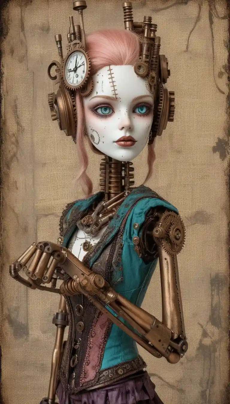 Mulher boneca de pano gótica steampunk em retrato de perfil lateral