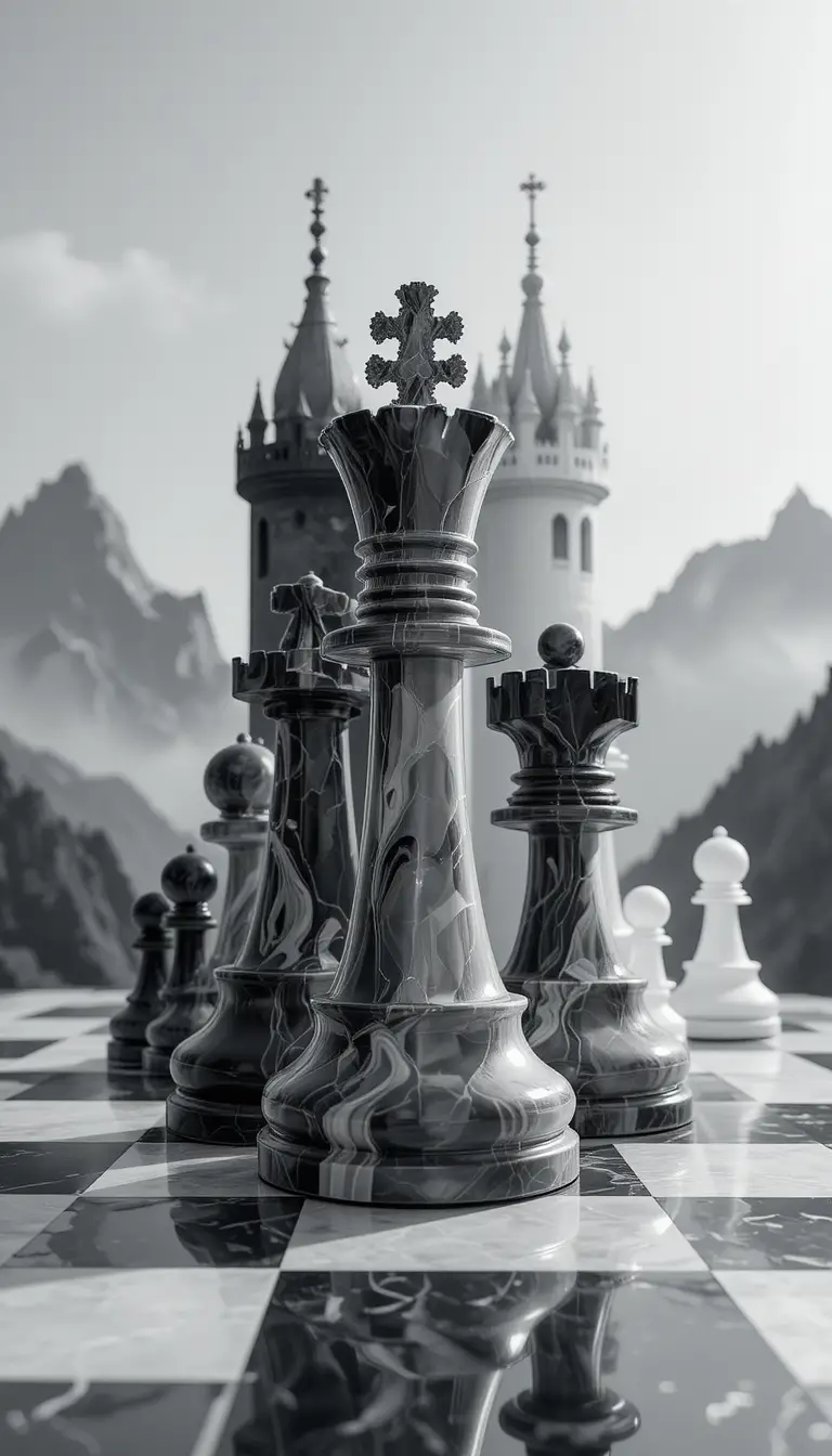 Double exposure chess pieces on surreal mountain castles