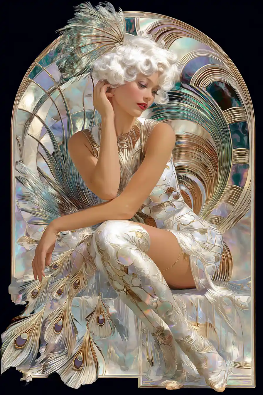Golden surreal woman with peacock feathers and art deco grace