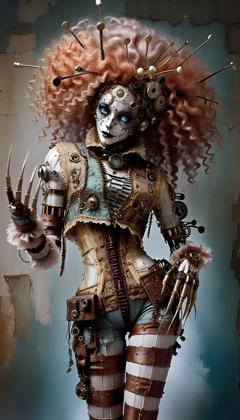 Ragdoll gótica steampunk em perfil lateral, vista de corpo inteiro