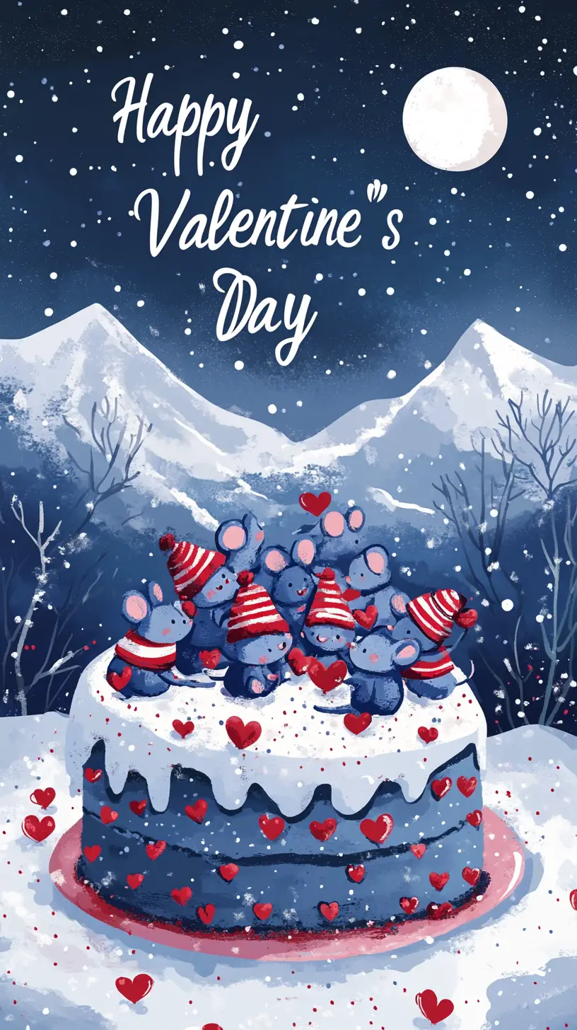 Valentines cake with cute mice in snowy mountains