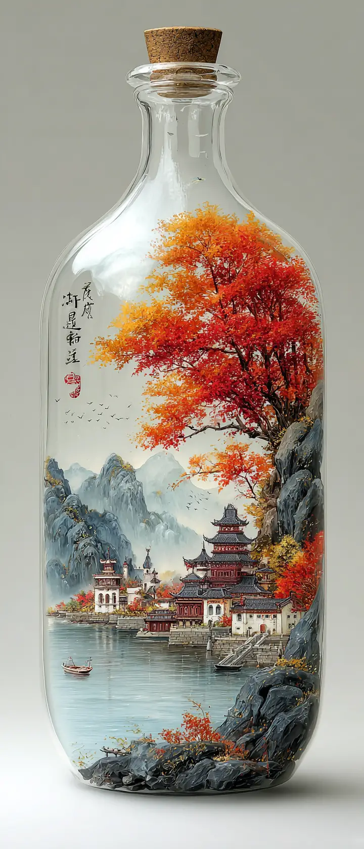 Fantasy landscape in a glass bottle on a table