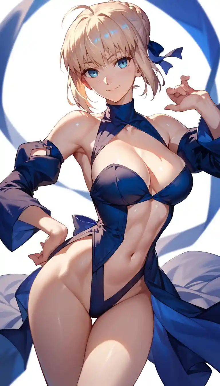 Flirty anime woman with curvy figure and playful smile