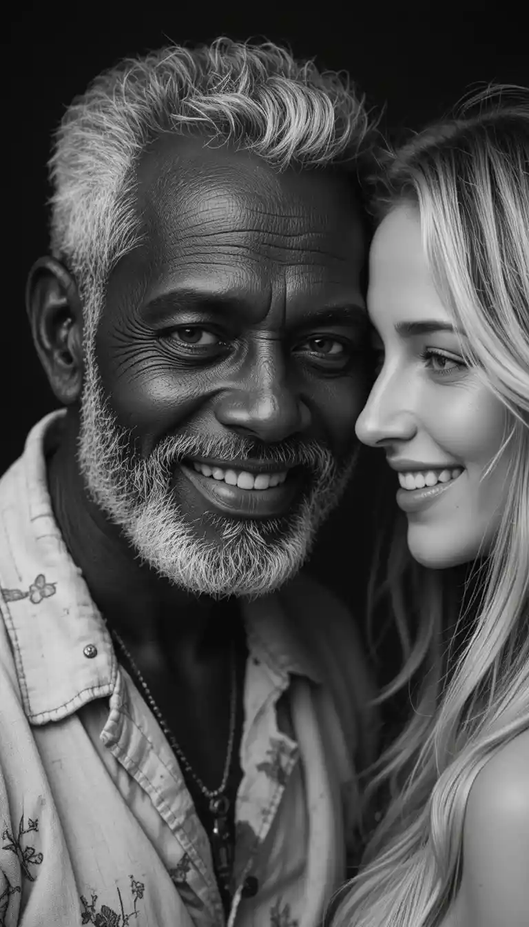 Joyful elderly African man embraced by a blonde woman