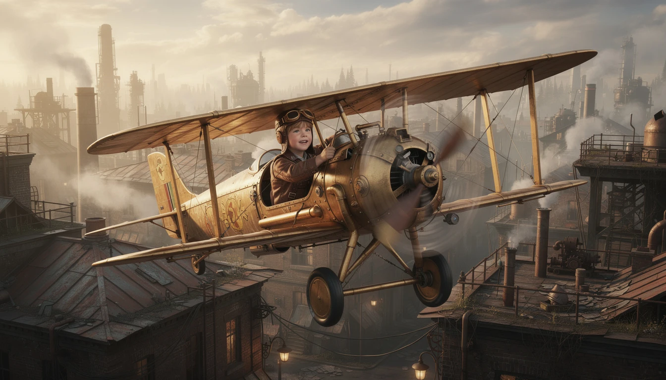 Joven aviador alegre volando sobre una ciudad steampunk