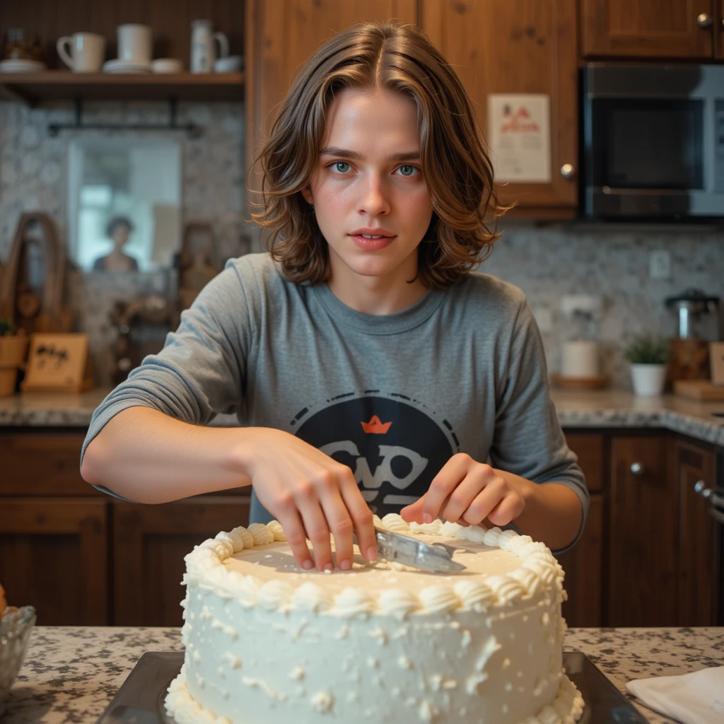 Joven decorando un pastel en una cocina luminosa
