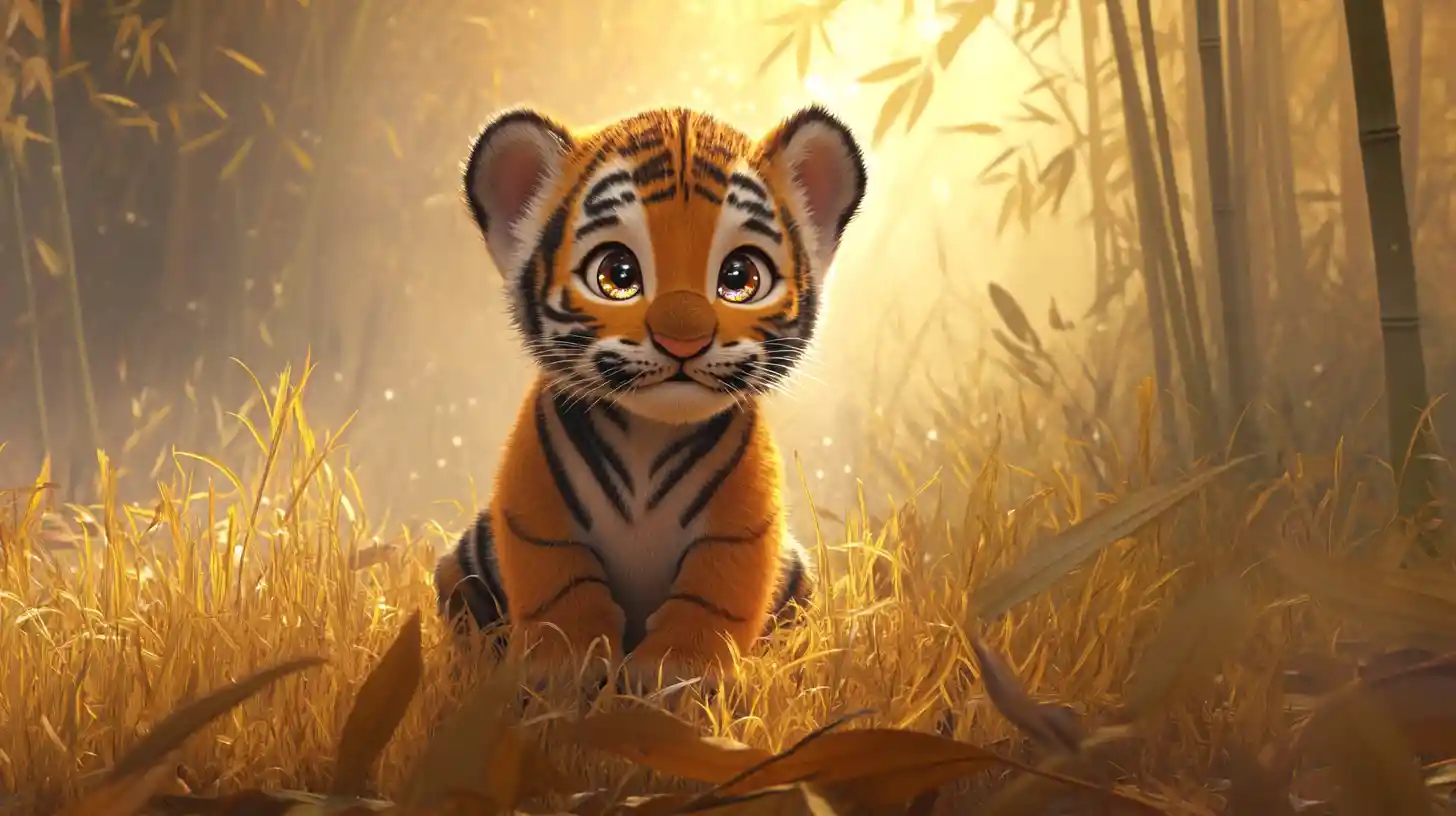 Alert baby tiger cub in misty golden forest dawn
