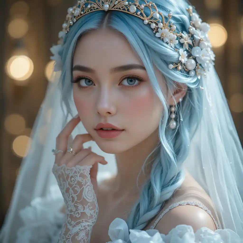 藍色長髮與寶石王冠的空靈奇幻女子