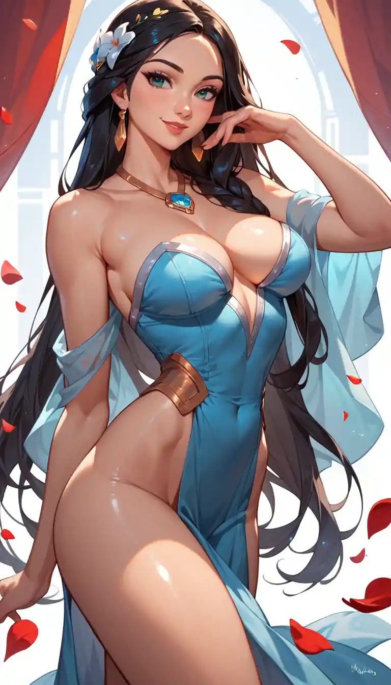 Flirty anime woman with curvy figure in dynamic pose